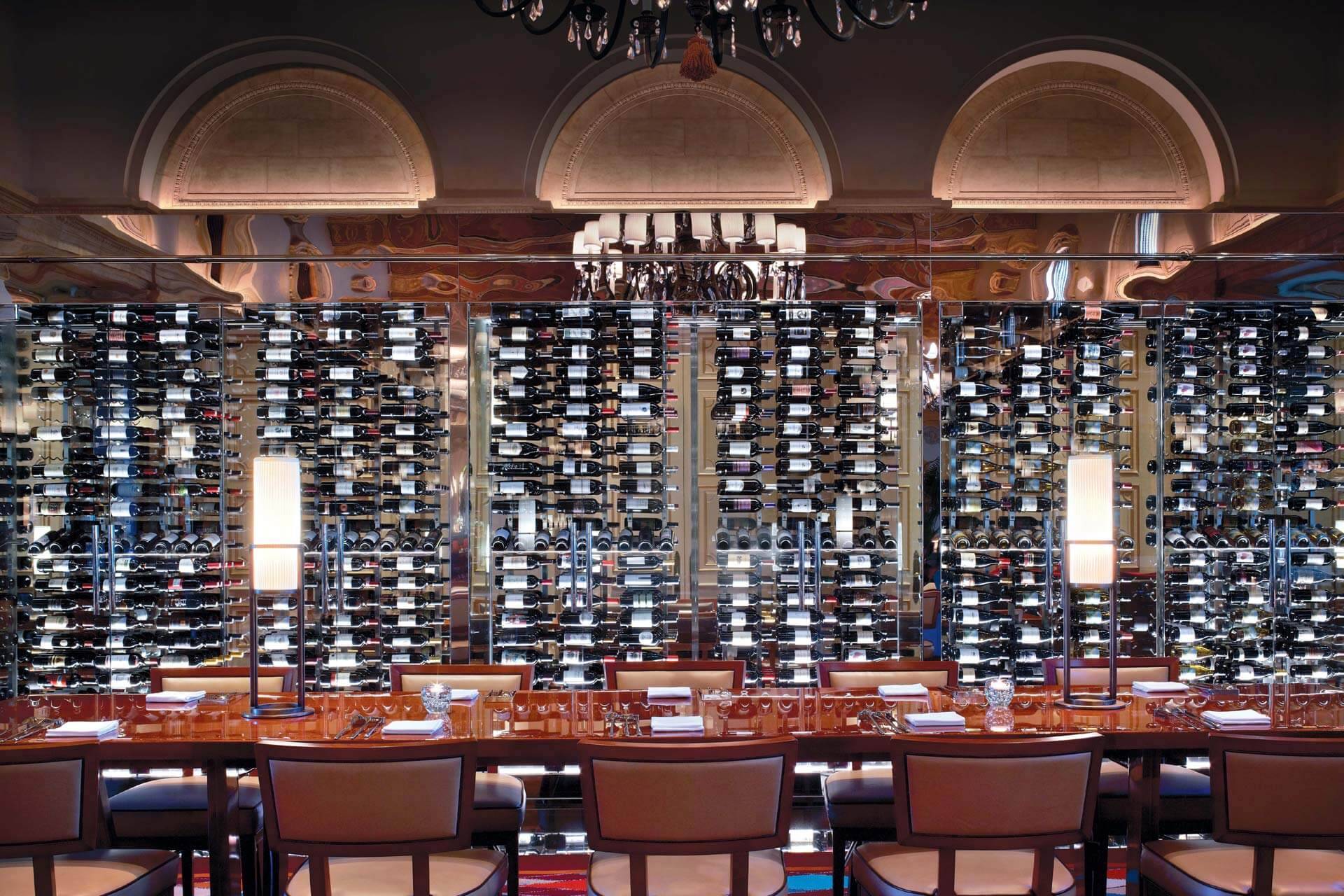 View on one wand of the HMF Restaurant at the Breakers Hotel, completely covered with wine bottles