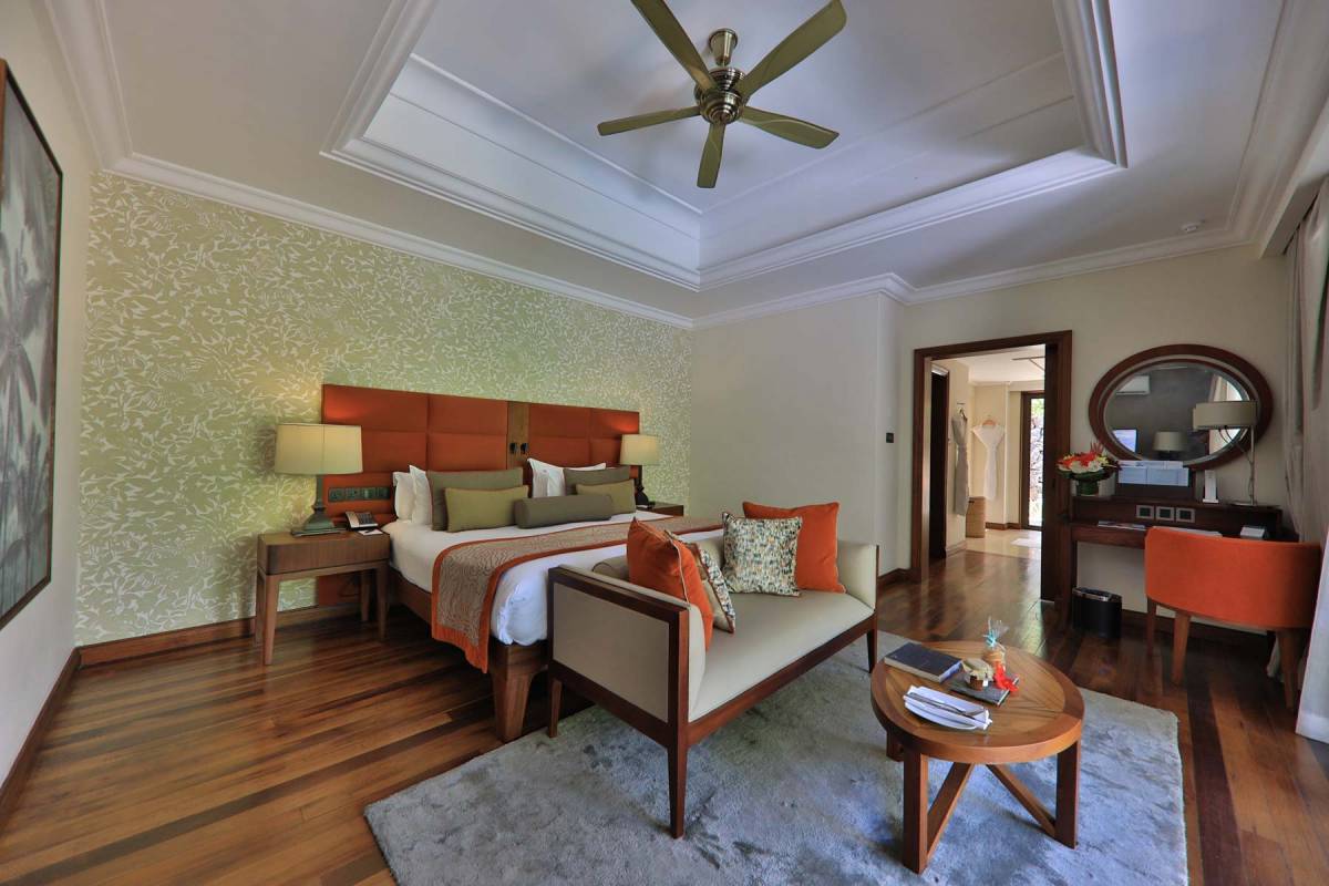 View into the bedroom of a pool villa at Maradiva Resort