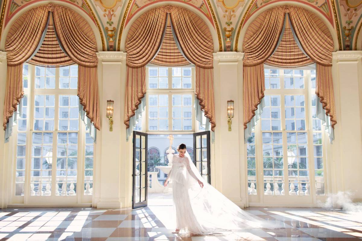 View on a bride in the mediterranean ballroom of The Breakers hotel